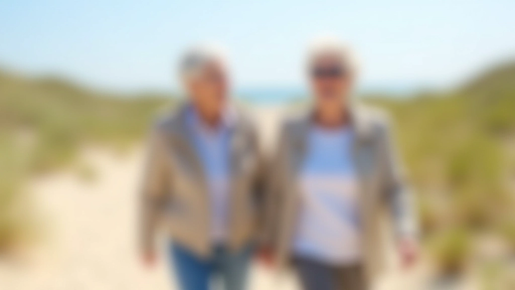 Seniorai pastaigājas pa smilšu kāpu taku ar jūru fona